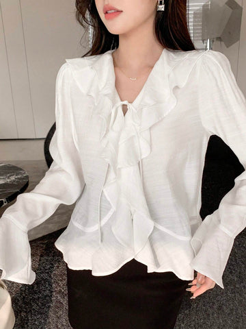 DAZY Women's Solid Color Relaxed Fit Bell Sleeve Shirt With Ruffle Hem And Tie Waist
