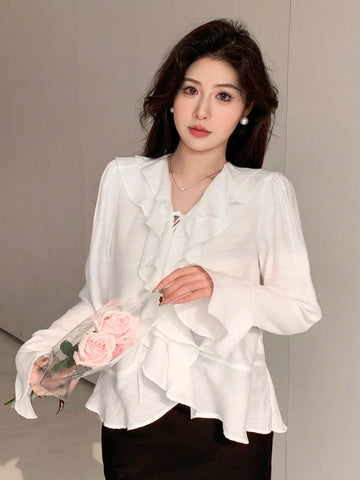 DAZY Women's Solid Color Relaxed Fit Bell Sleeve Shirt With Ruffle Hem And Tie Waist