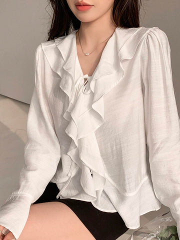 DAZY Women's Solid Color Relaxed Fit Bell Sleeve Shirt With Ruffle Hem And Tie Waist