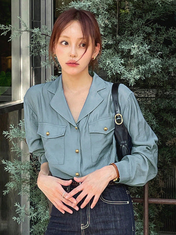 DAZY Women's Solid Color Revere Collar Pocket Loose Blue Long Sleeve Blouse