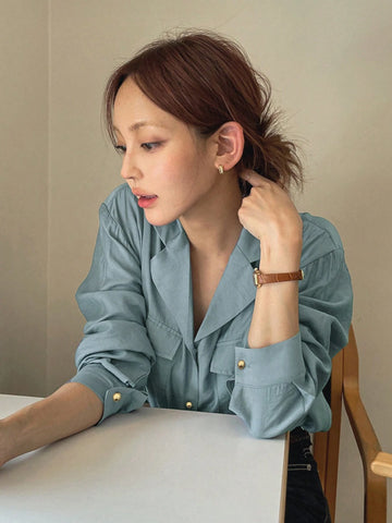 DAZY Women's Solid Color Revere Collar Pocket Loose Blue Long Sleeve Blouse