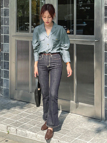 DAZY Women's Solid Color Revere Collar Pocket Loose Blue Long Sleeve Blouse