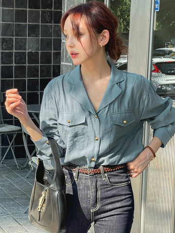 DAZY Women's Solid Color Revere Collar Pocket Loose Blue Long Sleeve Blouse