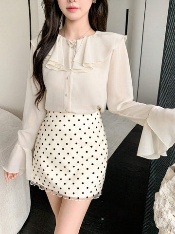 DAZY Women's Solid Color Ruffle Trim Long Sleeve Blouse