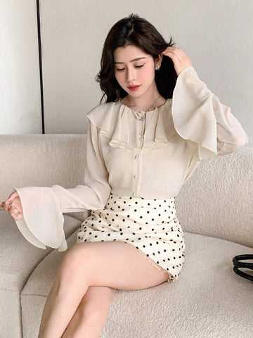 DAZY Women's Solid Color Ruffle Trim Long Sleeve Blouse