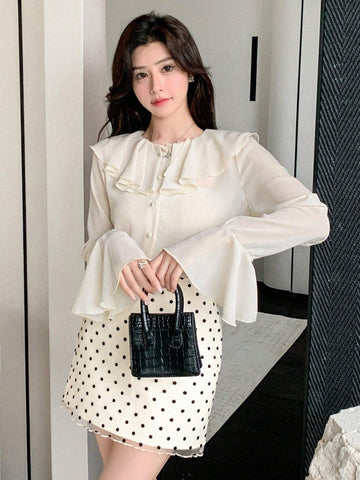 DAZY Women's Solid Color Ruffle Trim Long Sleeve Blouse