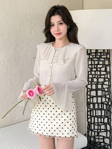 DAZY Women's Solid Color Ruffle Trim Long Sleeve Blouse