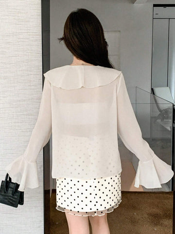 DAZY Women's Solid Color Ruffle Trim Long Sleeve Blouse