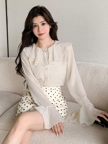 DAZY Women's Solid Color Ruffle Trim Long Sleeve Blouse