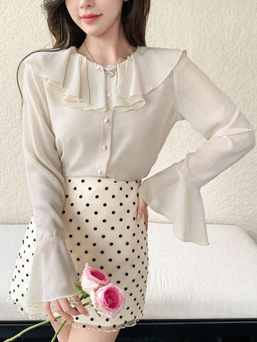 DAZY Women's Solid Color Ruffle Trim Long Sleeve Blouse