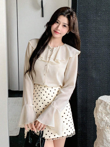 DAZY Women's Solid Color Ruffle Trim Long Sleeve Blouse