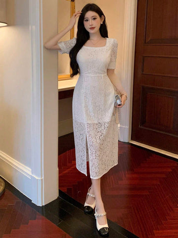 DAZY Women's Solid Color Short Sleeve Dress With Square Neck And Side Slit, Summer Elegant Dress