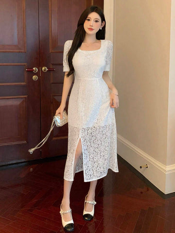 DAZY Women's Solid Color Short Sleeve Dress With Square Neck And Side Slit, Summer Elegant Dress