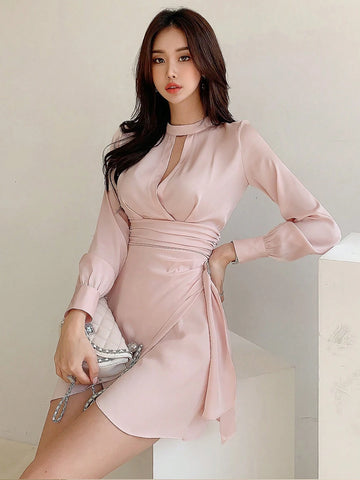 DAZY Women's Solid Color Simple Yet Elegant Pleated Design Sexy Dress