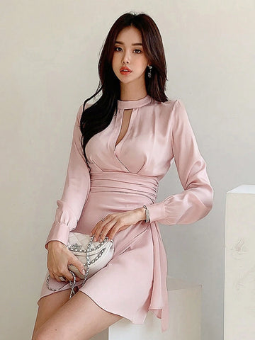 DAZY Women's Solid Color Simple Yet Elegant Pleated Design Sexy Dress