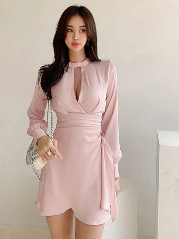 DAZY Women's Solid Color Simple Yet Elegant Pleated Design Sexy Dress