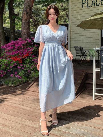 DAZY Women's Solid Color Simple & Elegant Short-Sleeve Cinching Waist Dress, Suitable For Daily Wear