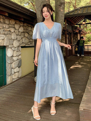 DAZY Women's Solid Color Simple & Elegant Short-Sleeve Cinching Waist Dress, Suitable For Daily Wear