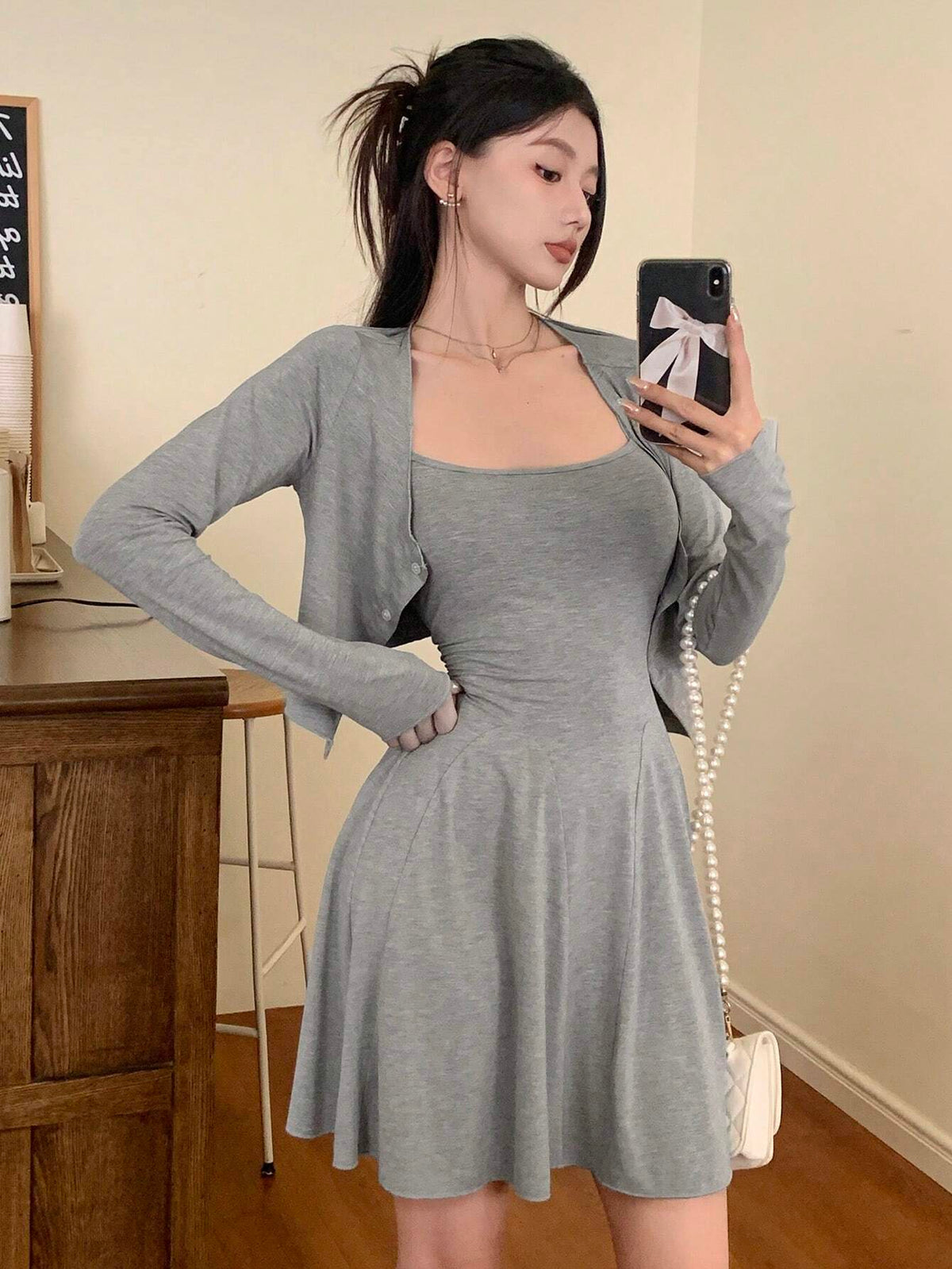 DAZY Women's Solid Color Single Breasted Long Sleeve Top And Slip Dress Suit