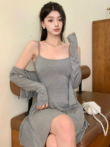 DAZY Women's Solid Color Single Breasted Long Sleeve Top And Slip Dress Suit