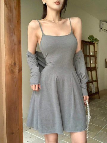 DAZY Women's Solid Color Single Breasted Long Sleeve Top And Slip Dress Suit