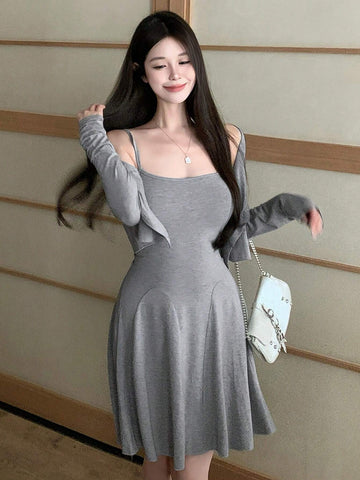 DAZY Women's Solid Color Single Breasted Long Sleeve Top And Slip Dress Suit