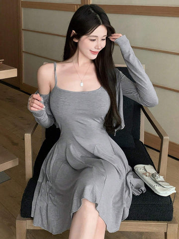 DAZY Women's Solid Color Single Breasted Long Sleeve Top And Slip Dress Suit