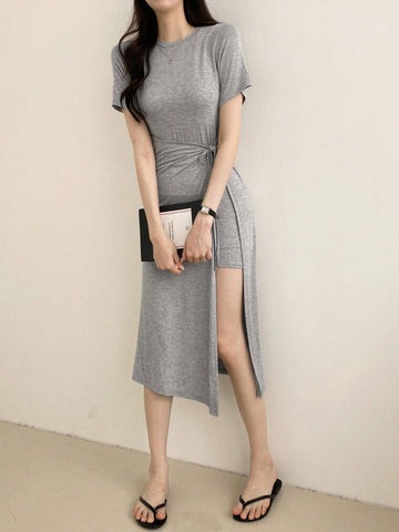 DAZY Women's Solid Color Slim-Fit Waist-Tie Side Slit Dress