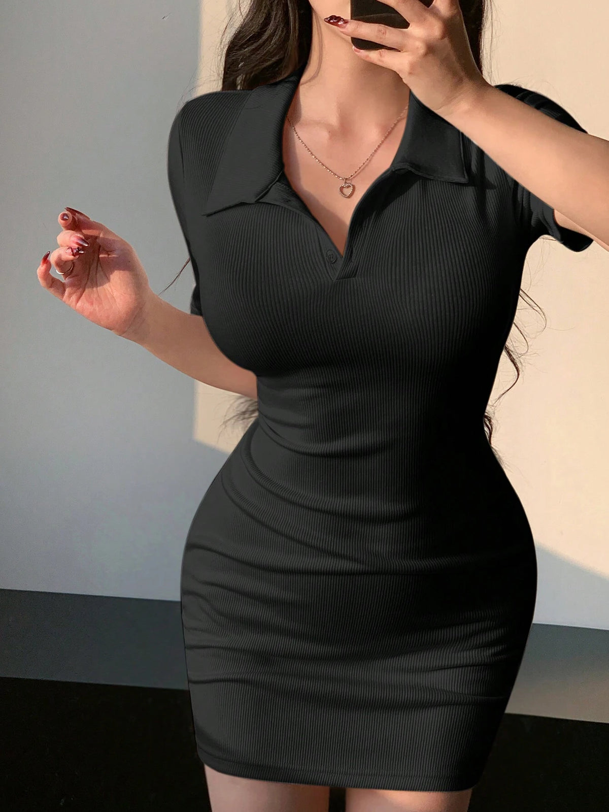 DAZY Women's Solid Color Slim Fit Turn-Down Collar Summer Short Sleeve Dress