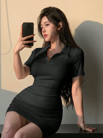 DAZY Women's Solid Color Slim Fit Turn-Down Collar Summer Short Sleeve Dress