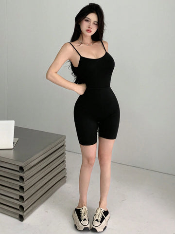 DAZY Women's Solid Color Spaghetti Strap Sleeveless Jumpsuit