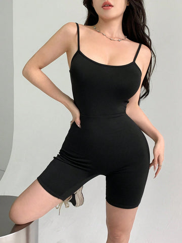 DAZY Women's Solid Color Spaghetti Strap Sleeveless Jumpsuit