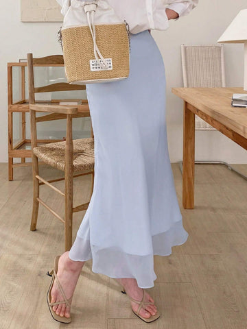 DAZY Women's Solid Color Splice Mesh Mermaid Style Long Elegant Skirt