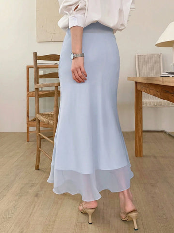 DAZY Women's Solid Color Splice Mesh Mermaid Style Long Elegant Skirt