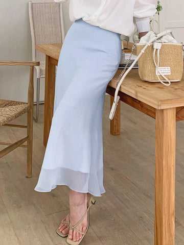 DAZY Women's Solid Color Splice Mesh Mermaid Style Long Elegant Skirt