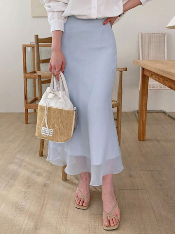 DAZY Women's Solid Color Splice Mesh Mermaid Style Long Elegant Skirt