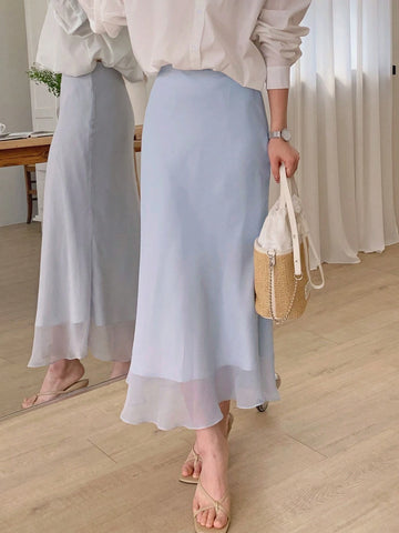 DAZY Women's Solid Color Splice Mesh Mermaid Style Long Elegant Skirt