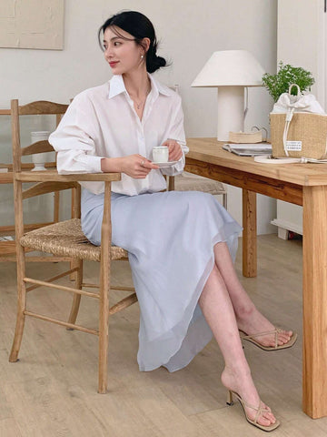 DAZY Women's Solid Color Splice Mesh Mermaid Style Long Elegant Skirt