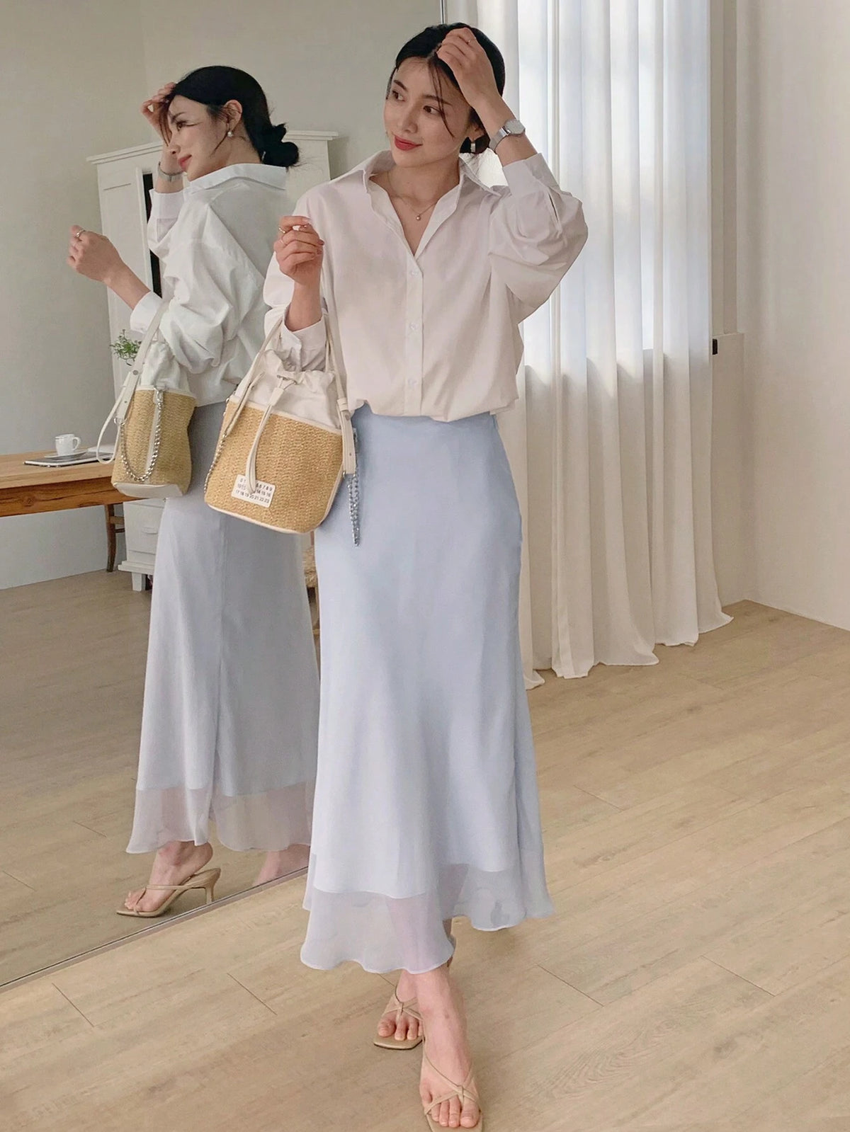 DAZY Women's Solid Color Splice Mesh Mermaid Style Long Elegant Skirt