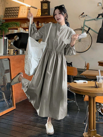 DAZY Women's Solid Color Stand Collar Long Sleeve Loose Casual Dress, Autumn