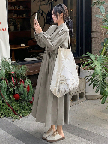 DAZY Women's Solid Color Stand Collar Long Sleeve Loose Casual Dress, Autumn