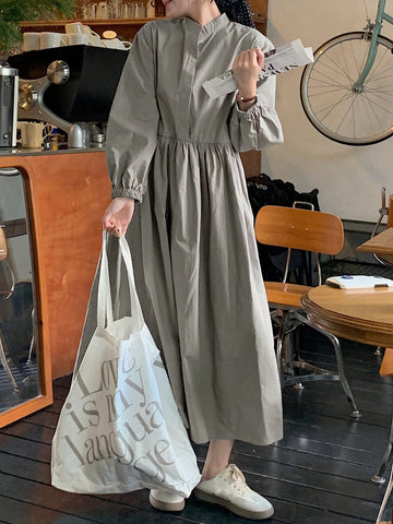 DAZY Women's Solid Color Stand Collar Long Sleeve Loose Casual Dress, Autumn