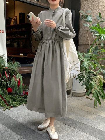 DAZY Women's Solid Color Stand Collar Long Sleeve Loose Casual Dress, Autumn