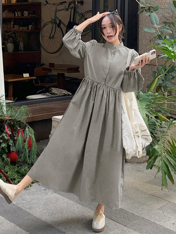 DAZY Women's Solid Color Stand Collar Long Sleeve Loose Casual Dress, Autumn