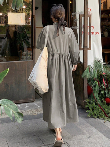 DAZY Women's Solid Color Stand Collar Long Sleeve Loose Casual Dress, Autumn