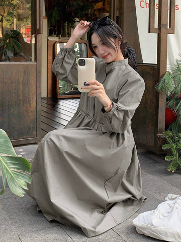 DAZY Women's Solid Color Stand Collar Long Sleeve Loose Casual Dress, Autumn