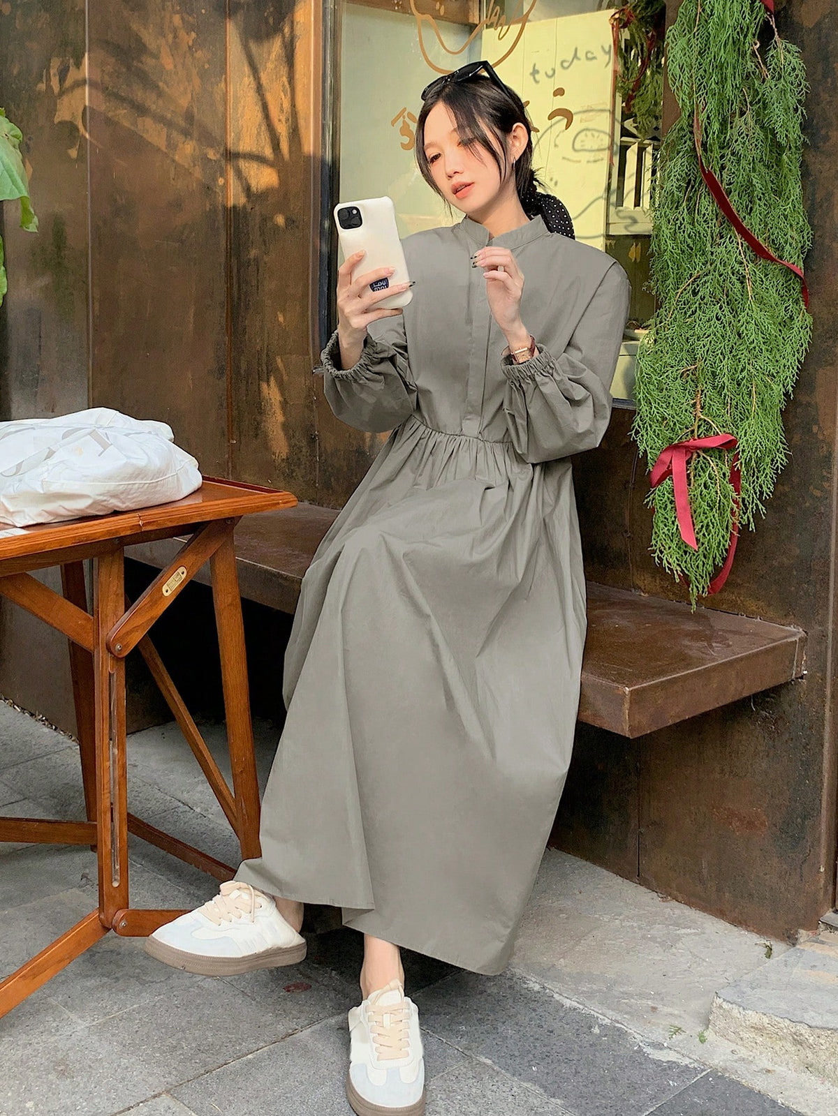 DAZY Women's Solid Color Stand Collar Long Sleeve Loose Casual Dress, Autumn