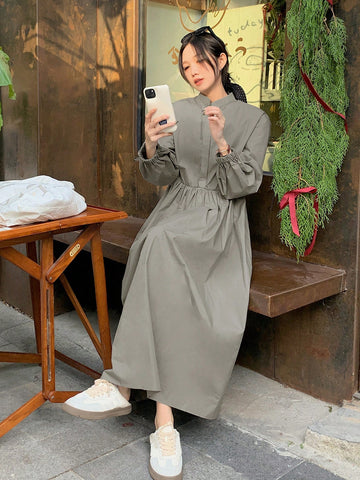 DAZY Women's Solid Color Stand Collar Long Sleeve Loose Casual Dress, Autumn