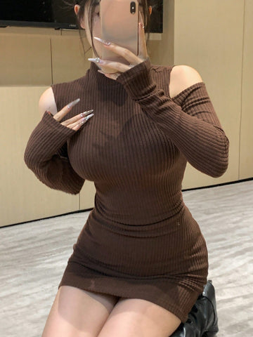 DAZY Women's Solid Color Stand Collar Simple Short Hollow Out Bodycon Dress