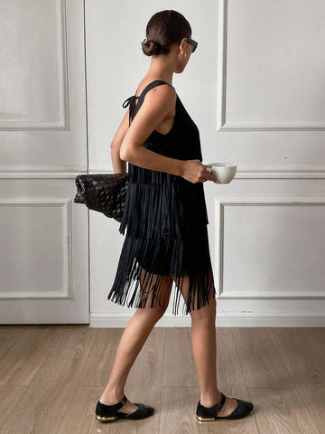 DAZY Women's Solid Color Suede Fringe V-Neck Sleeveless Mini Dress